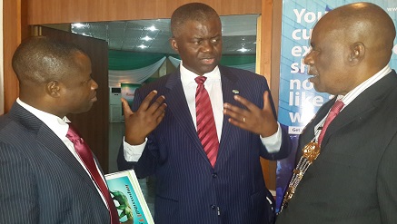 (L-r): Professor Adesola Aderounmu, deputy preisdent, Sir Demola Aladekomo, immediate past president and Professor David Adewumi, incumbent president, all of Nigeria Computer Society (NCS) at opening ceremony of NCS' national conference at Nike Lake, Enugu State on Wednesday.